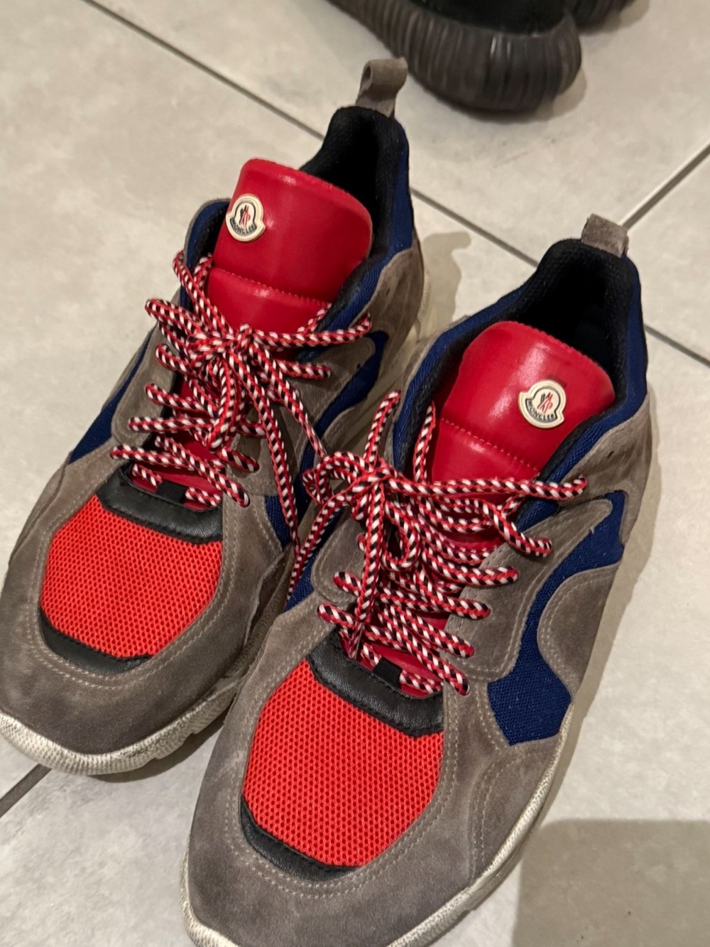 Moncler Men’s Red, Navy & Taupe Suede Mesh Sneakers - Picture 1 of 5